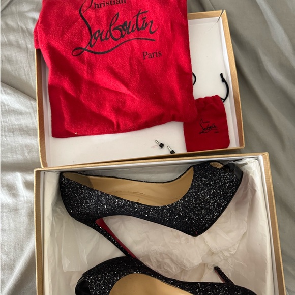 christian louboutin black 120 glitter heels open toe - Picture 3 of 7